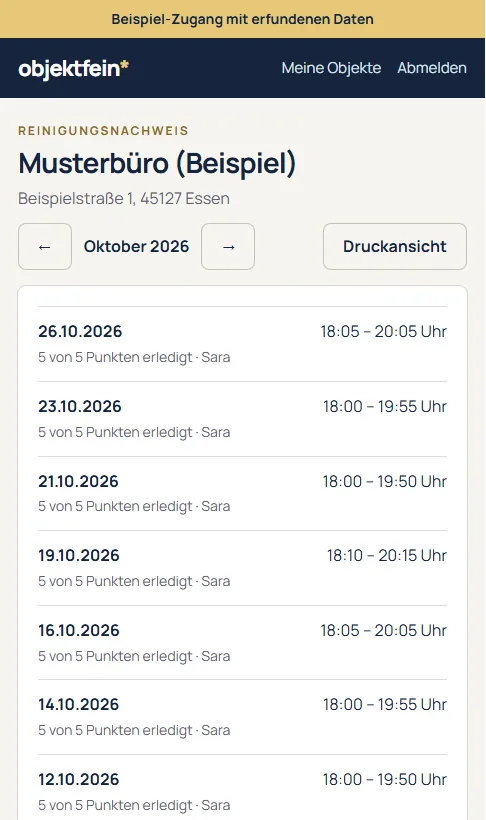 Kundenportal auf dem Handy: Liste der Reinigungseinsätze eines Beispielobjekts mit Datum, Uhrzeit und erledigten Checklisten-Punkten